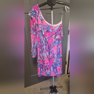 Lilly Pulitzer One-Shoulder Silk Ruffle Dress NWT Pink Blue Print $258